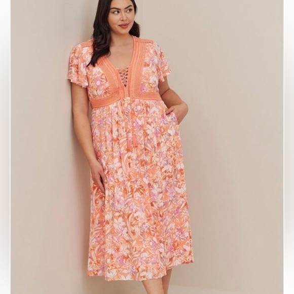 Torrid Lace Up Tea Length Dress - Crinkle Gauze Floral Coral - Picture 1 of 14